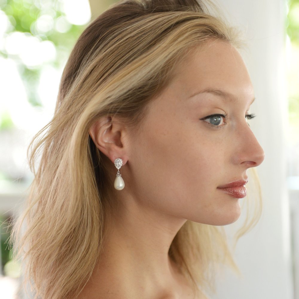 Mariell Pearl Bridal Wedding Clip-On Earrings for Bride, Pearl and CZ Non-Pierced Drop Bridal Earring