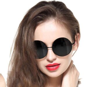 geelook round sunglasses for women men oversized circle mirrored hippie hipster polarized sunglasses metal frame (black matte frame/black lens)