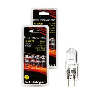 brite innovations g4 halogen bulb, 10 watt (8 pack) dimmable soft white 2700k -12v-bi pin -, t3 jc type, clear light bulb