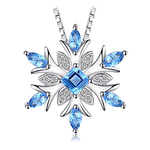 JewelryPalace Snowflake Flower Genuine Swiss Blue Topaz Necklace for Women, 14k Gold Plated 925 Sterling Silver Necklaces for Women, Gemstones Birthstone Statement Pendant Necklace, 18 Inch Box chain