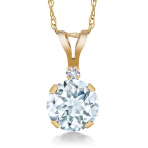 Gem Stone King 14K Yellow Gold Sky Blue Aquamarine and White Created Sapphire Pendant Necklace For Women (0.77 Cttw, Round 6MM, with 18 Inch Chain)