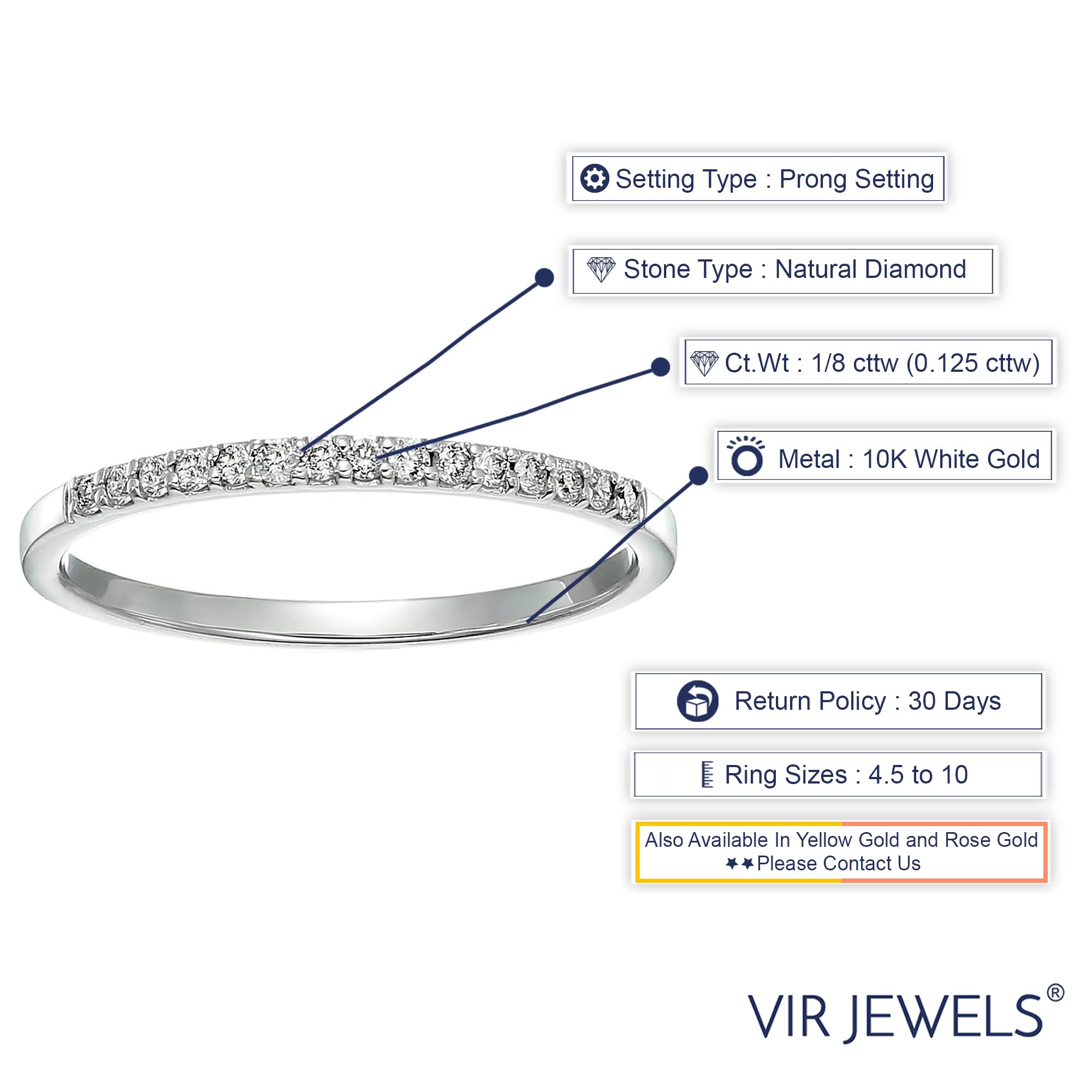 Vir Jewels 1/8 cttw Diamond Wedding Anniversary Band for Women, Round Diamond Engagement Ring 10K White Gold Prong Set 0.125 cttw, Size 6