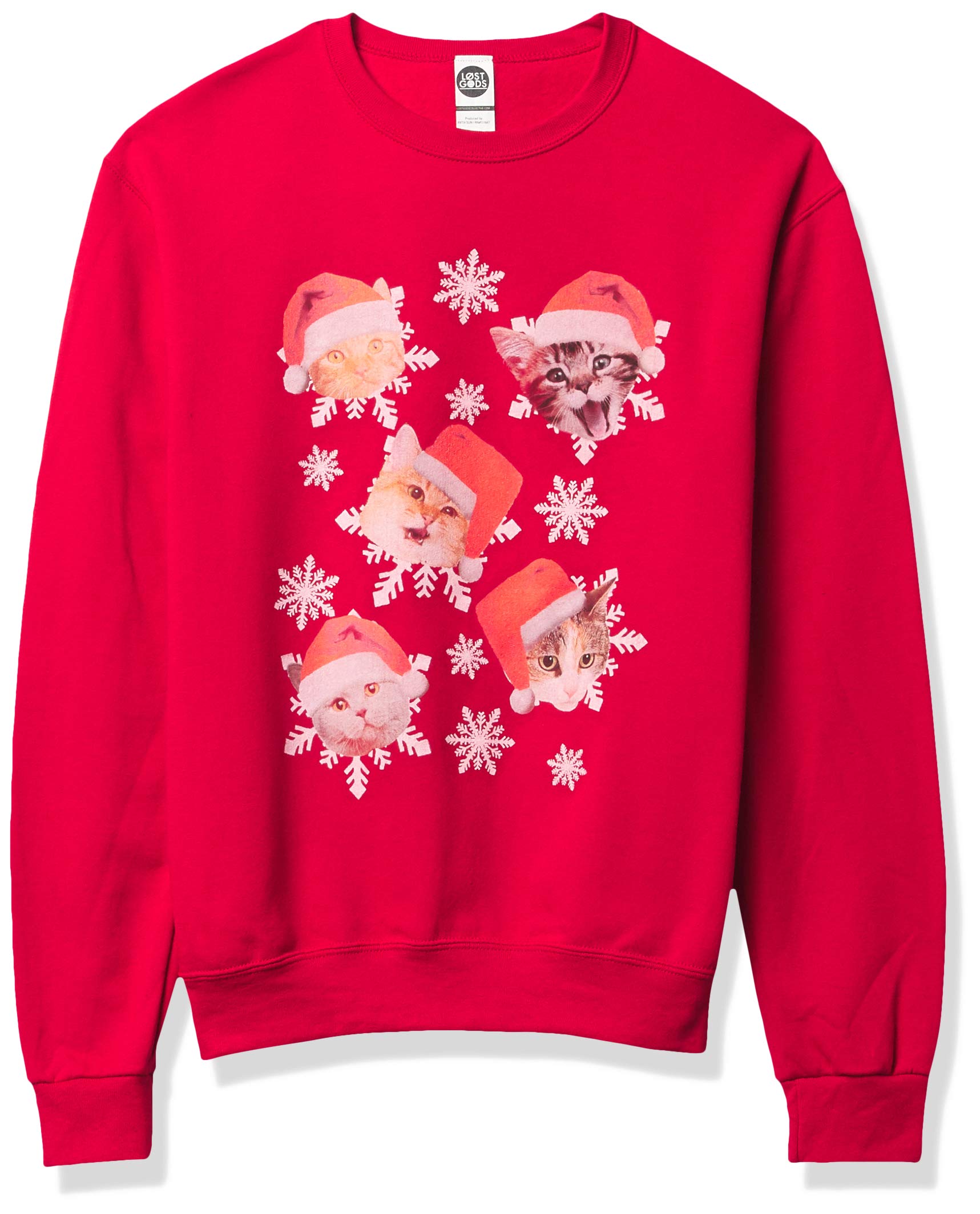 LOST GODS Women's Ugly Christmas Cat Snowflakes Sweatshirt - Red - Large