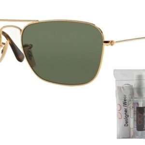 Ray-Ban RB3136 CARAVAN 181 58M Gold/Dark Green Square Sunglasses For Men For Women + BUNDLE with Designer iWear Eyewear Kit