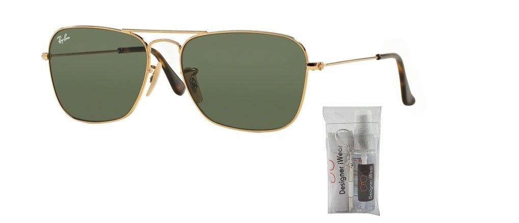 Ray-Ban RB3136 CARAVAN 181 58M Gold/Dark Green Square Sunglasses For Men For Women + BUNDLE with Designer iWear Eyewear Kit