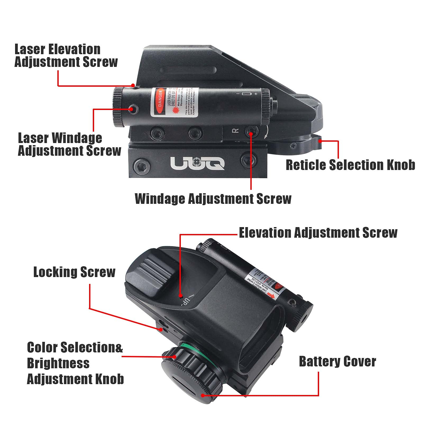 UUQ Tactical Holographic Red Green Reflex Scope Sight 4 Reticles (with Red Laser)