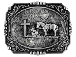 moranse religion cross cowboy and horse design belt buckles (square silver)