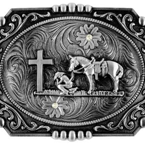 Moranse Religion Cross Cowboy And Horse Design Belt Buckles (Square Silver)