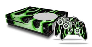 wraptorskinz decal vinyl skin wrap compatible with xbox one s console and controllers - metal flames green