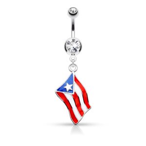 14ga epoxy national country flag with gem dangling belly button ring (puerto rico)