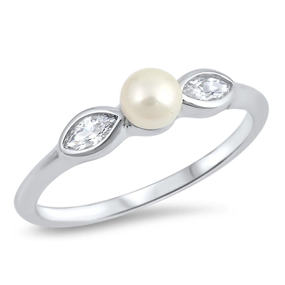 White CZ Simulated Pearl Fashion Ring New .925 Sterling Silver Band Size 9