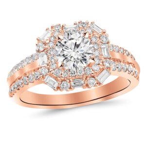 1.44 carat t.w. 14k rose gold round double row baguette and round halo diamond engagement ring k i2 clarity center stones.