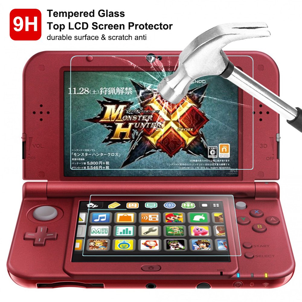 Screen Protector Compatible NEW 3DS XL, AFUNTA 4 Pcs Tempered Glass for Top Screen and HD Clear Crystal PET Film Compatible Bottom Screen, 3DSXL Film Accessory