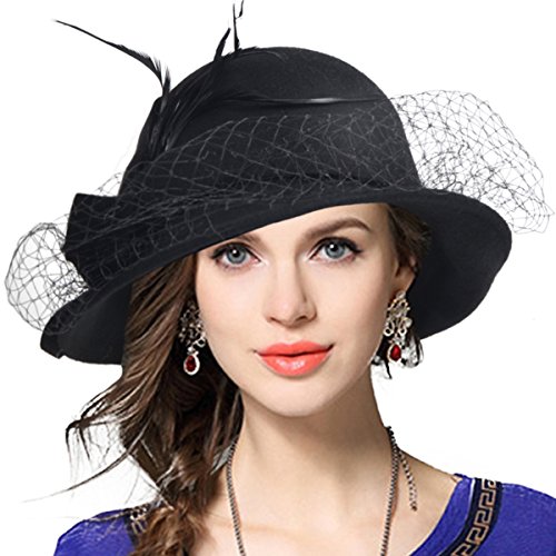 VECRY Women's Wool Church Dress Cloche Hat Plumy Felt Bucket Winter Hat (Veil-Black)