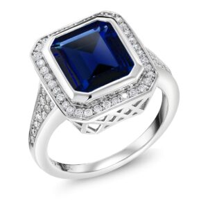 gem stone king 925 sterling silver simulated sapphire ring for women (5.00 cttw, emerald cut 11x9mm)