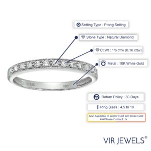 Vir Jewels 1/6 carat (ctw) Diamond Wedding Anniversary Band for Women, Half Eternity Petite Round Diamond Engagement Ring 10K White Gold Prong Set with Milgrain 0.16 cttw, Size 6