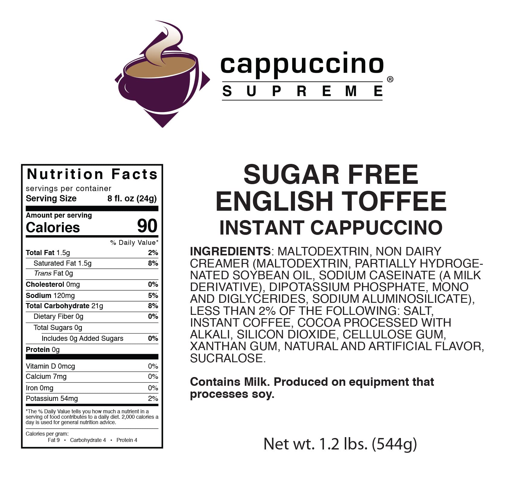 Cappuccino Supreme 1.2 lb bag Sugar Free English Toffee Instant Cappuccino Mix