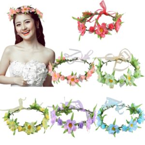 6pcs adjustable boho flower crowns with elastic ribbon floral headbands garland bridal bridesmaid women girls teens kids headpiece for hawaiian party wedding beach festival