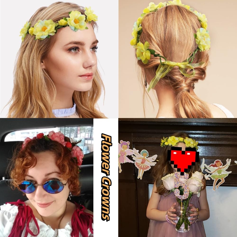 6Pcs Adjustable Boho Flower Crowns with Elastic Ribbon Floral Headbands Garland Bridal Bridesmaid Women Girls Teens Kids Headpiece for Hawaiian Party Wedding Beach Festival