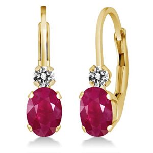 gem stone king 14k yellow gold red ruby and white diamond leverback earrings for women | 1.27 cttw | gemstone july birthstone | oval 6x4mm, round 2mm | 3/4 inch