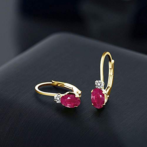 Gem Stone King 14K Yellow Gold Red Ruby and White Diamond Leverback Earrings For Women | 1.27 Cttw | Gemstone July Birthstone | Oval 6X4MM, Round 2MM | 3/4 Inch