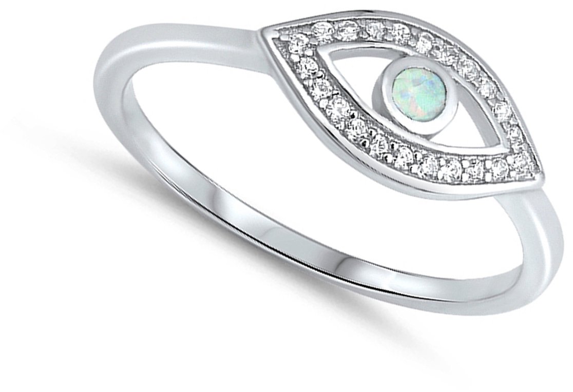 Clear CZ White Simulated Opal Evil Eye Ring New .925 Sterling Silver Band Size 10