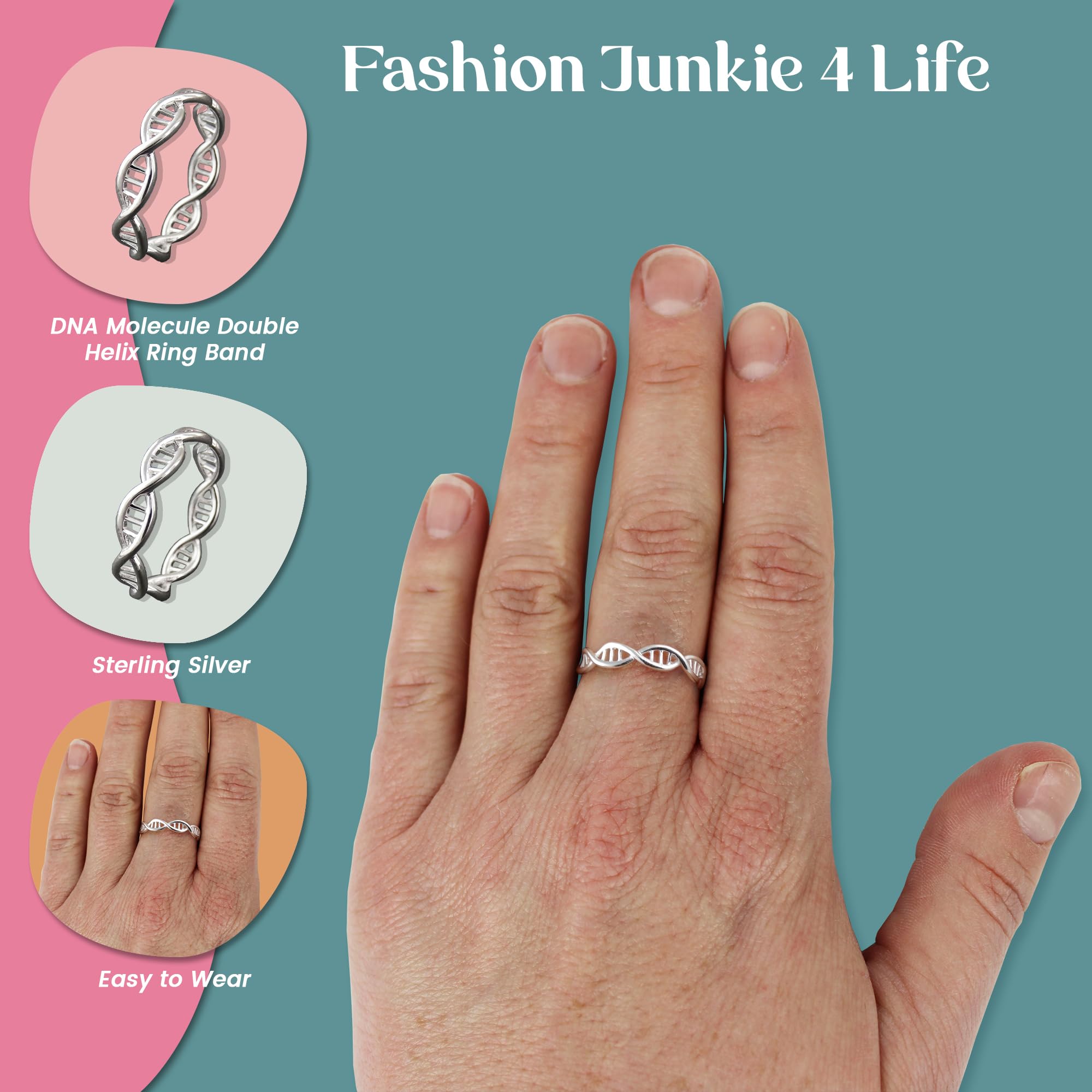 FashionJunkie4Life Sterling Silver DNA Molecule Double Helix Ring Band, Sizes 6-10, Science (6)