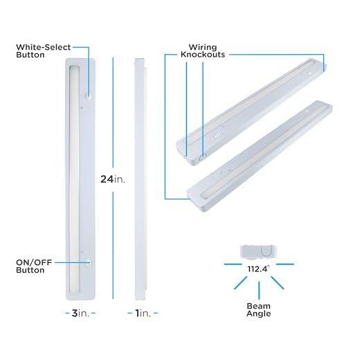 Enbrighten Premium 24in. LED Under Cabinet Light Fixture, Direct-Wire, 900 Lumens, 97 CRI, Color-Select, On/Off Switch, In-Wall Dimmer Compatible, 50,000 hr. LED Life, Steel Housing, White, 34290