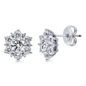 BERRICLE Sterling Silver Flower Cubic Zirconia CZ Halo Anniversary Stud Earrings for Women, Rhodium Plated