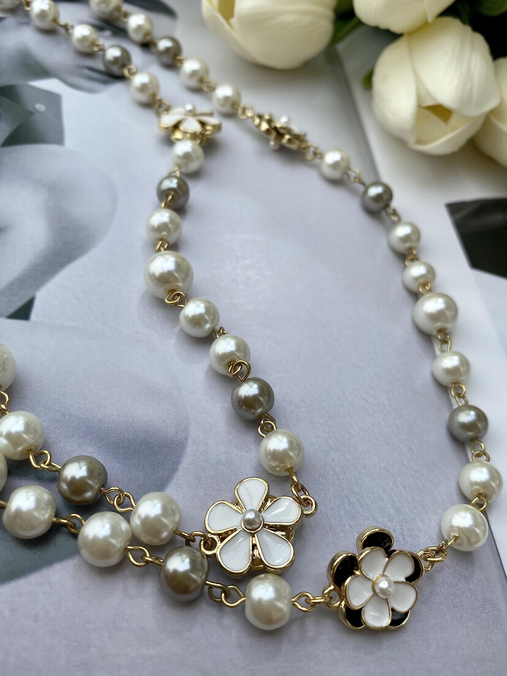 Designer Inspired Long Double Pearl Strand Layered Camellia Flower Pendant Necklace for Women, Dainty Sweater Necklace for Party, Vintage Costume Jewelry