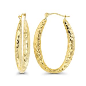 14k yellow gold 3.50mm thick diamond cut fancy oval hoop earrings with hinged clasp | 3.50x30mm hoop | fancy oval hoop earrings | solid gold earrings for women