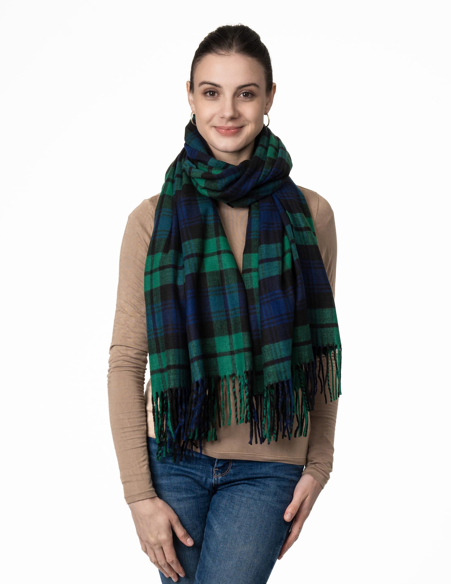 Achillea Long & Wide Scottish Tartan Plaid Large Cashmere Feel Blanket Scarf Check Shawl Wrap 80" x 29" (Green)