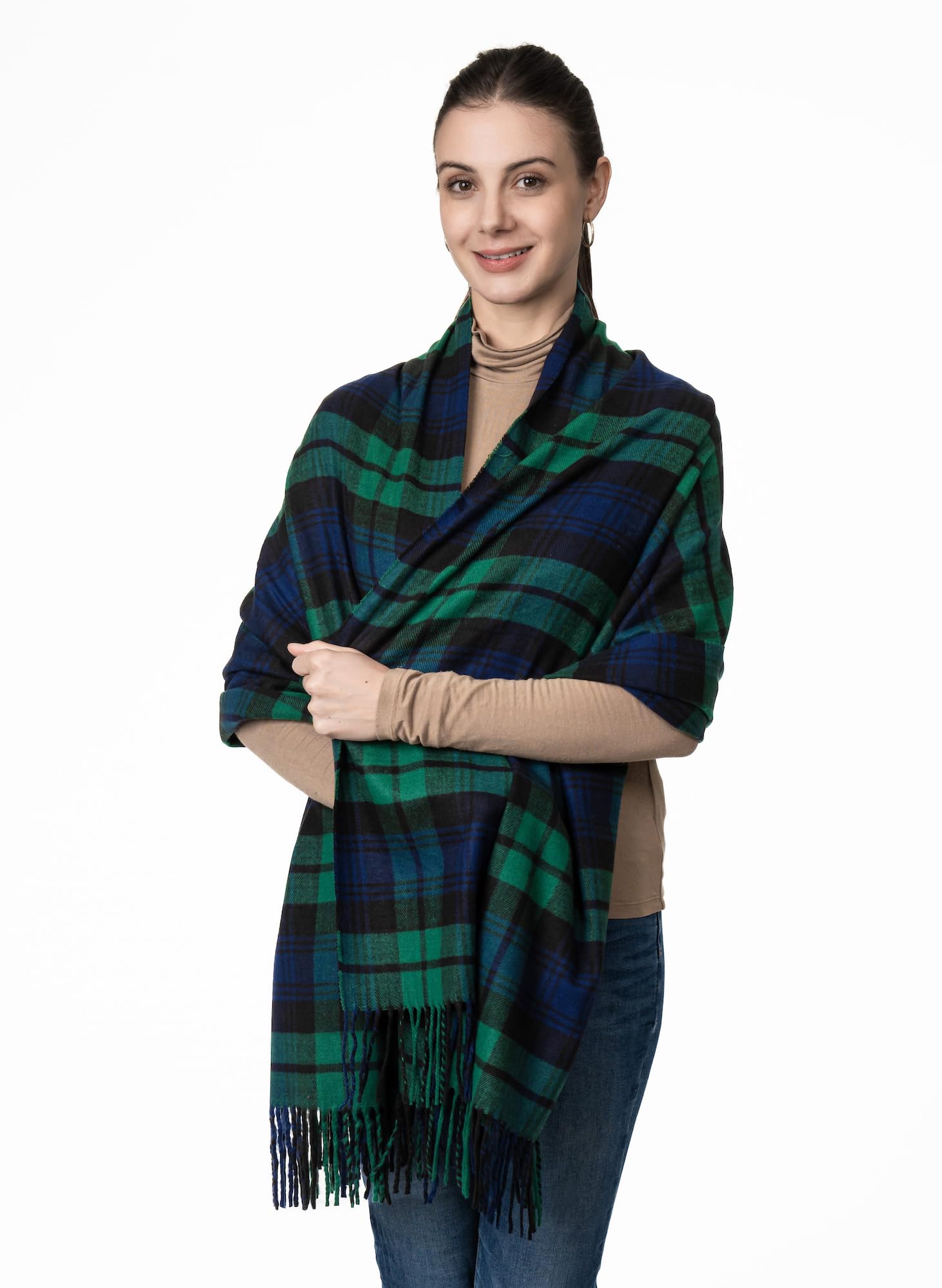 Achillea Long & Wide Scottish Tartan Plaid Large Cashmere Feel Blanket Scarf Check Shawl Wrap 80" x 29" (Green)