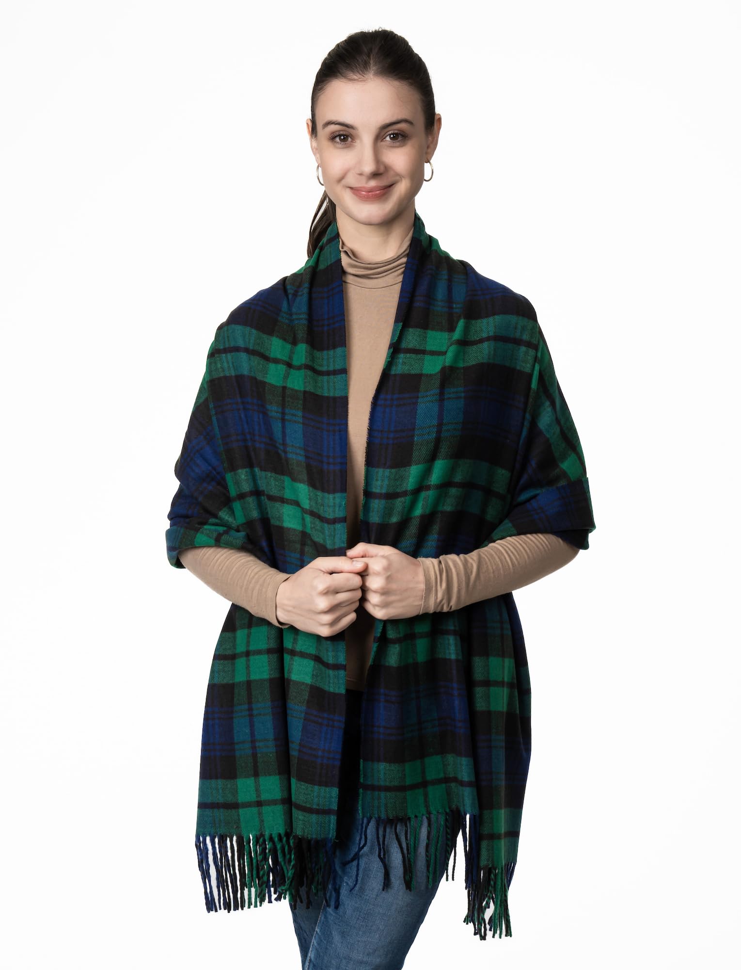 Achillea Long & Wide Scottish Tartan Plaid Large Cashmere Feel Blanket Scarf Check Shawl Wrap 80" x 29" (Green)