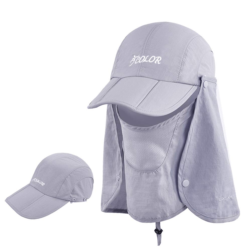 icolor Sun Cap Fishing Hats,Outdoor UPF 50+ Folding Sun Protection Removable Neck and Face Flap Cover for Man Women LightGray