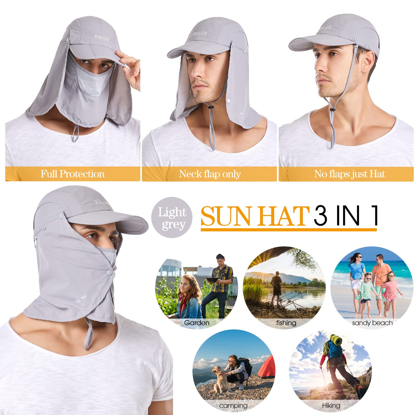 icolor Sun Cap Fishing Hats,Outdoor UPF 50+ Folding Sun Protection Removable Neck and Face Flap Cover for Man Women LightGray