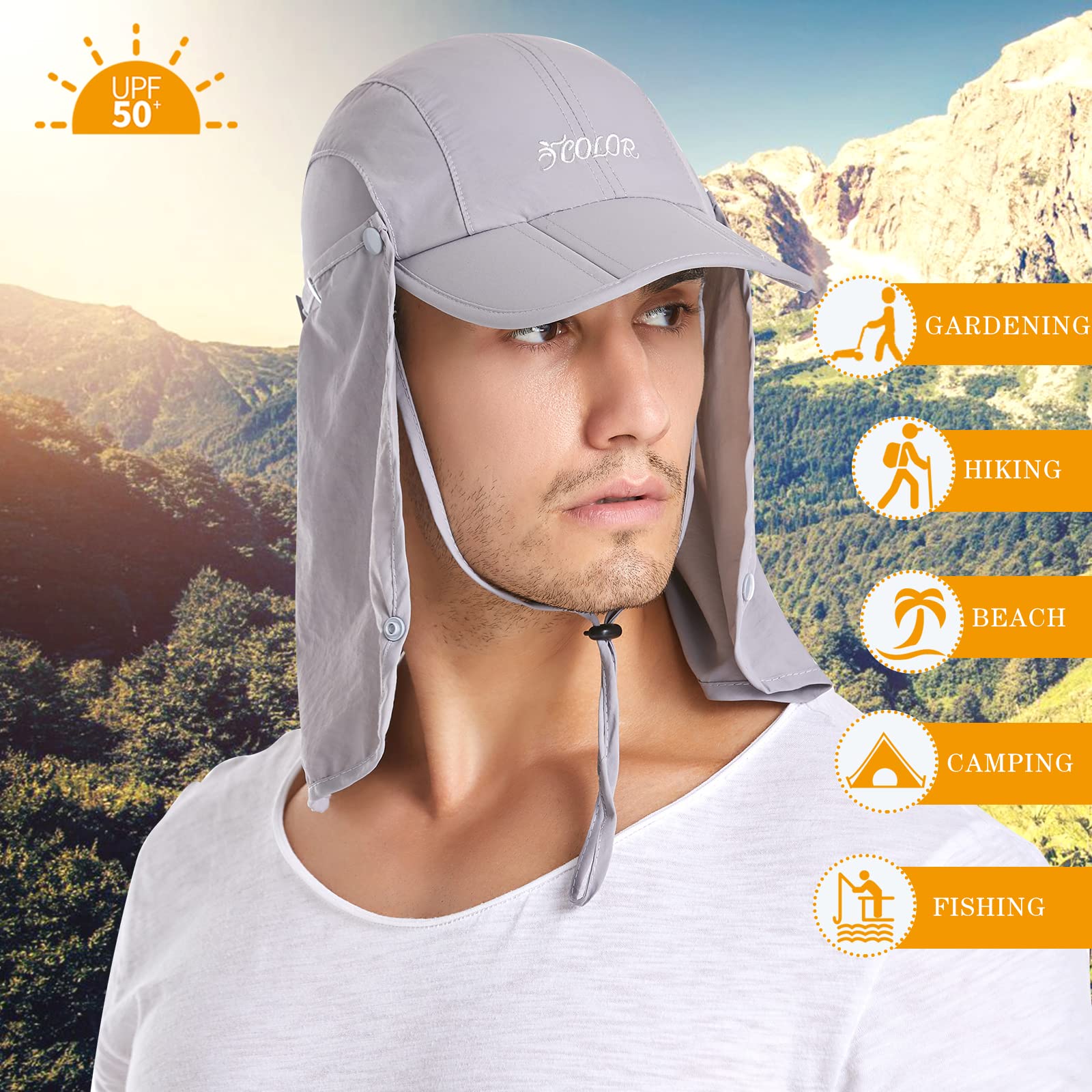 icolor Sun Cap Fishing Hats,Outdoor UPF 50+ Folding Sun Protection Removable Neck and Face Flap Cover for Man Women LightGray