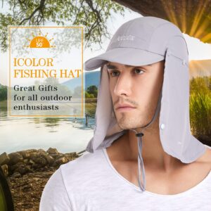 icolor Sun Cap Fishing Hats,Outdoor UPF 50+ Folding Sun Protection Removable Neck and Face Flap Cover for Man Women LightGray