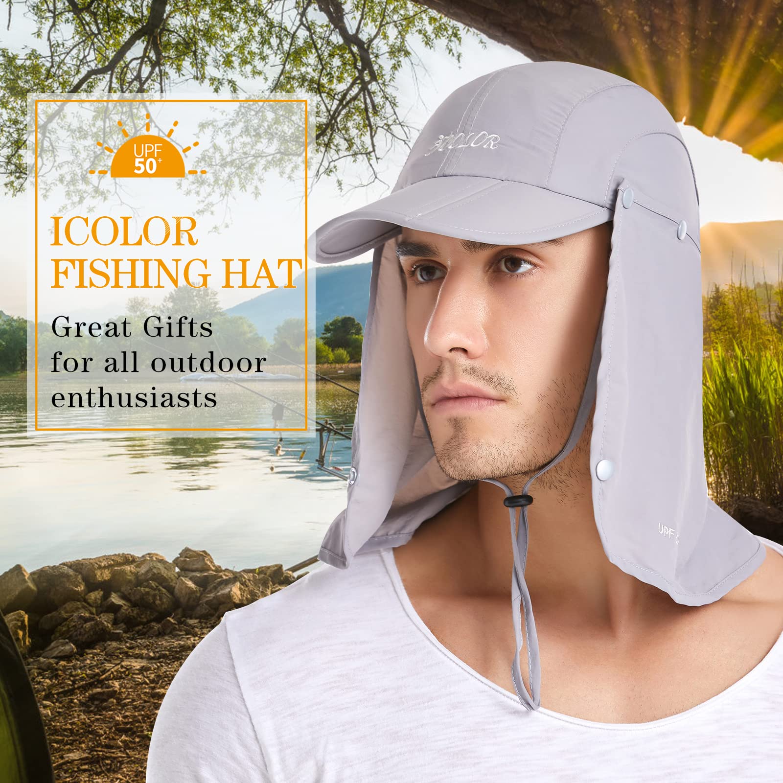 icolor Sun Cap Fishing Hats,Outdoor UPF 50+ Folding Sun Protection Removable Neck and Face Flap Cover for Man Women LightGray