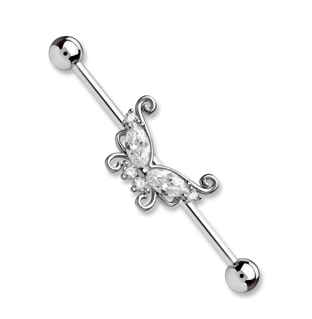 Pierced Owl 14GA 316L Surgical Steel CZ Crystal Butterfly Industrial Barbell (Clear)