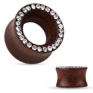 Pierced Owl Organic Rose Wood Crystal Paved Rim Double Flared Tunnel Plugs, Sold As Pair (10mm (00GA))