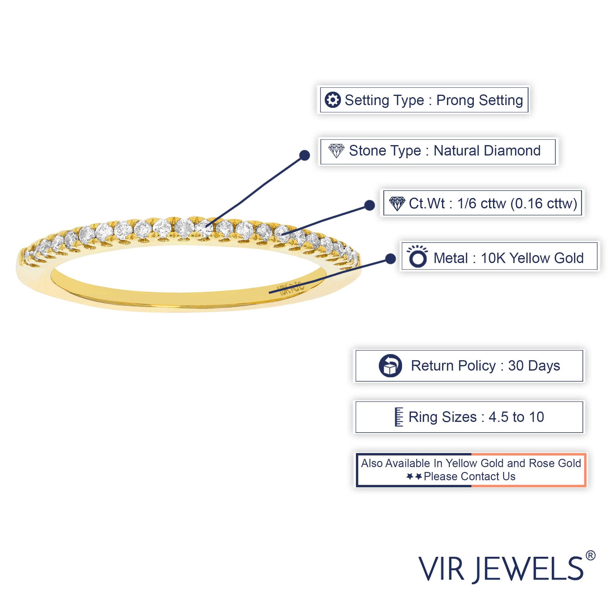 Vir Jewels 1/6 cttw Pave Round Diamond Wedding Band for Women in 10K Yellow Gold Prong Set, Size 5