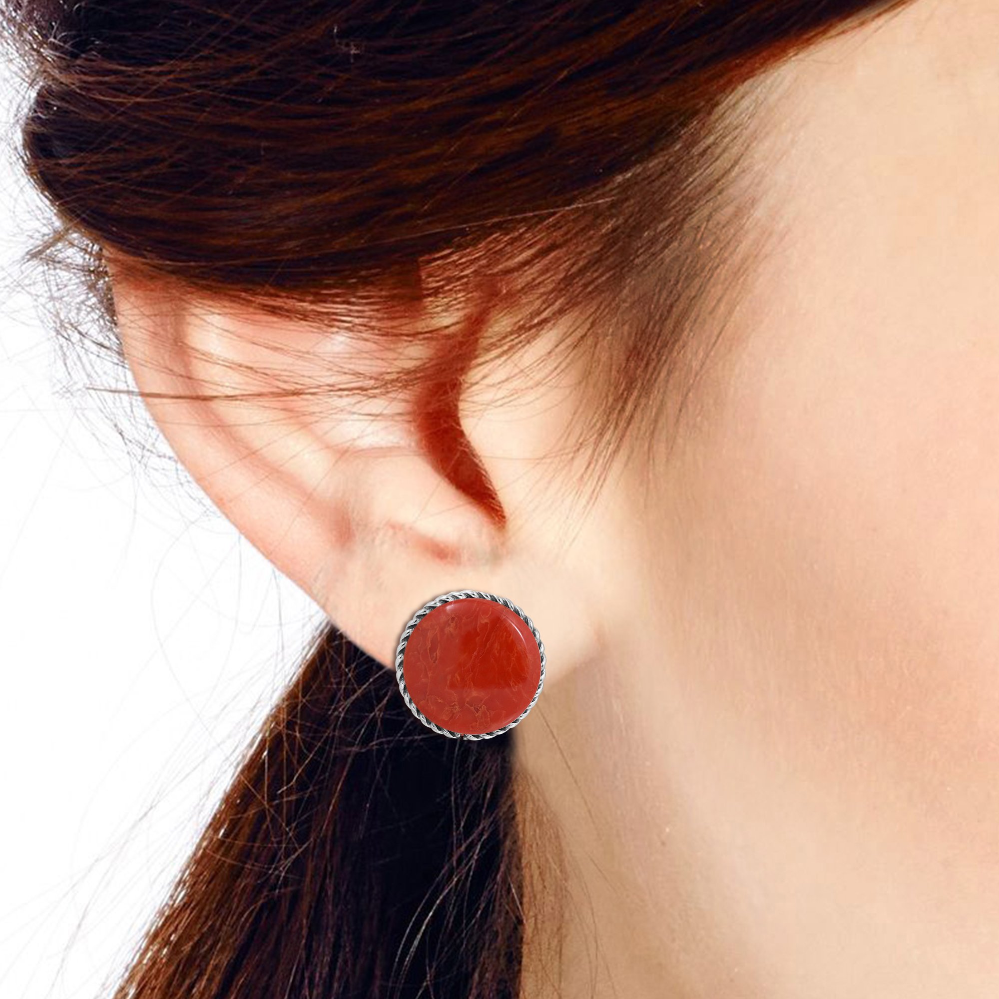 AeraVida Classic 18 mm Round Button .925 Sterling Silver Clip On Earrings | Reconstructed Red Coral Earrings for Women | Clip On Earrings for Women Non Piercing Sterling Silver