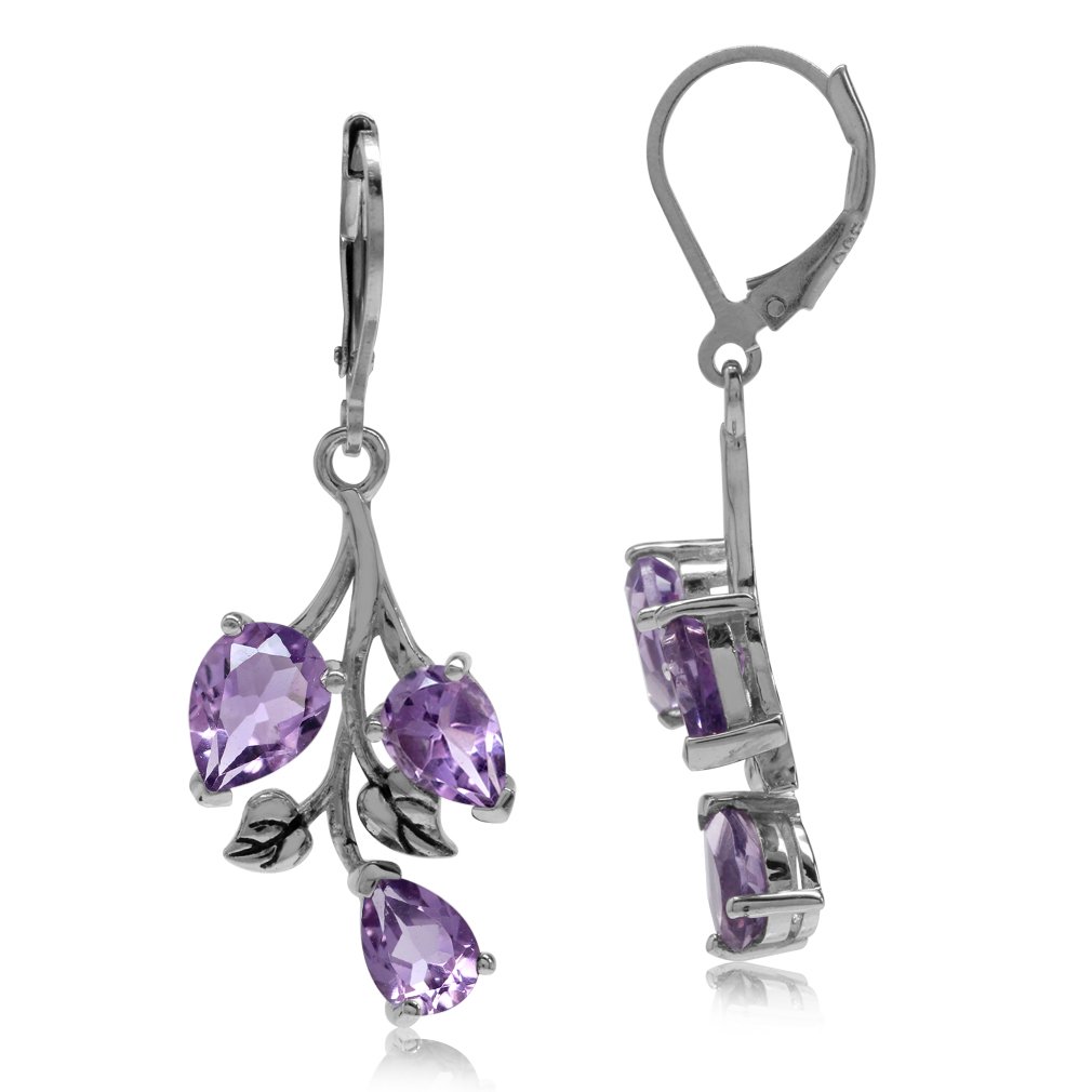 Silvershake 4.66ct. Genuine Amethyst 925 Sterling Silver Leaf Leverback Dangle Earrings