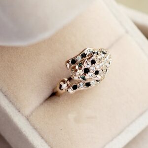 Rose Gold Plated Animal Leopard Ring with Clear and Black Cubic Zirconia Jaguar Sport Dots Fashion Jewelry for Women (9)