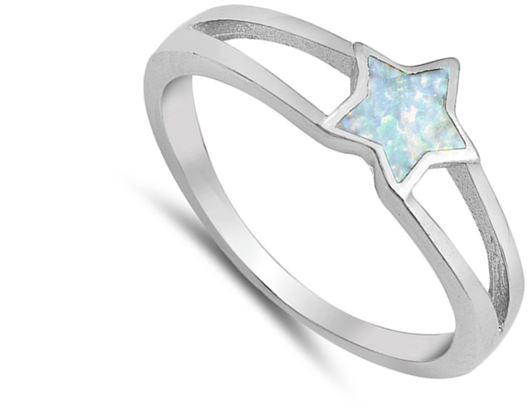 White Simulated Opal Solitaire Star Cute Ring New .925 Sterling Silver Band Size 8