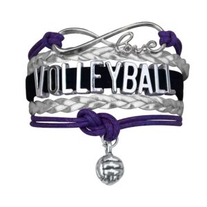 volleyball bracelet- ideal gifts. adjustable charm bracelet with moveable letters, infinity symbol & silver volleyball charm. fashionable bracelet by sportybella. (purple)