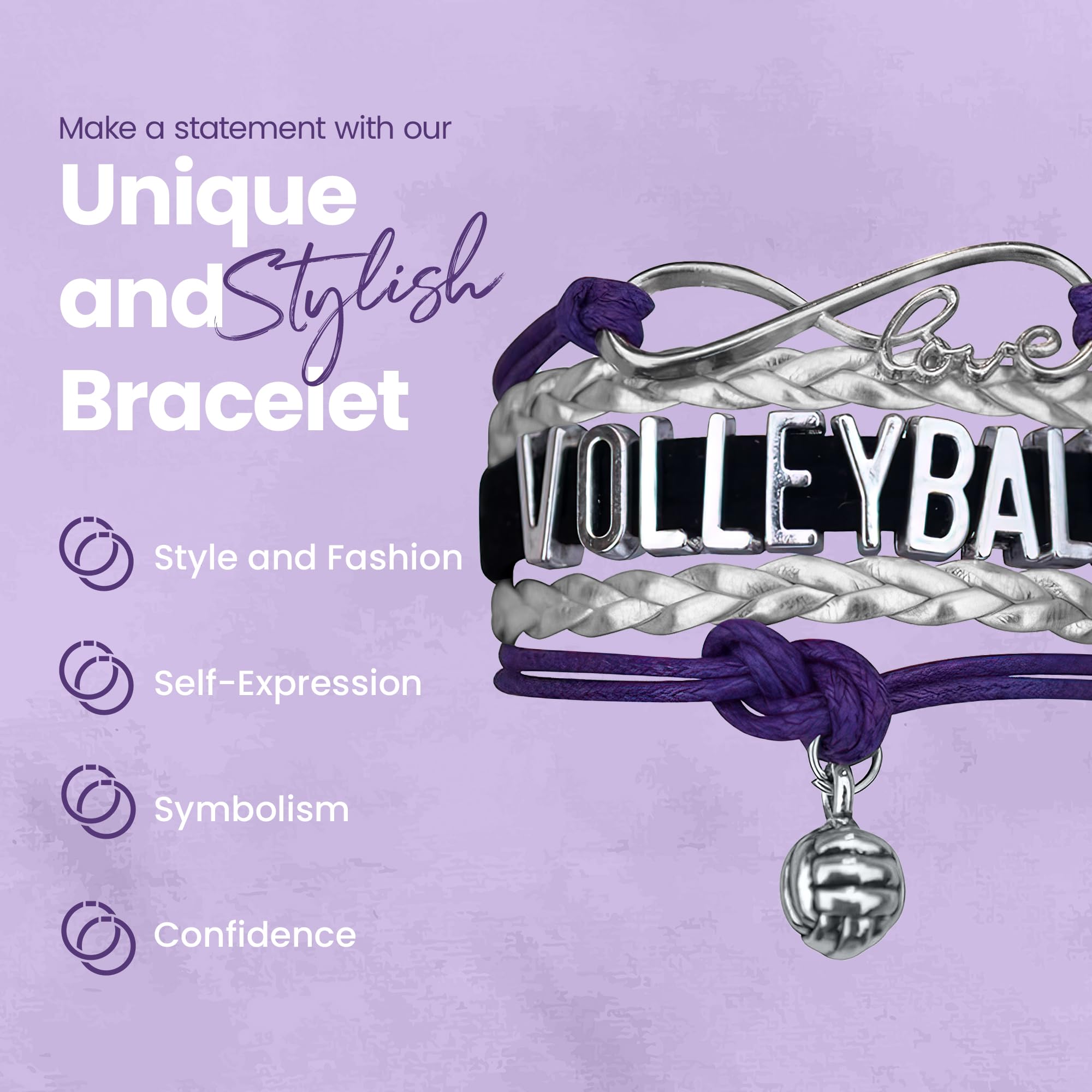 Volleyball Bracelet- Ideal Gifts. Adjustable Charm Bracelet with Moveable Letters, Infinity Symbol & Silver Volleyball Charm. Fashionable Bracelet by SportyBella. (Purple)