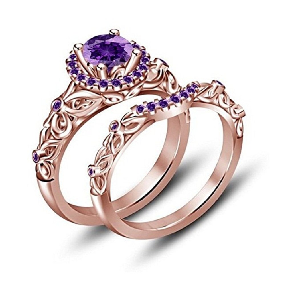 DRISHYA FASHION Round Purple Amethyst Bridal Disney Princess Engagement wedding Ring Set in 14K Rose Gold Plated (8)