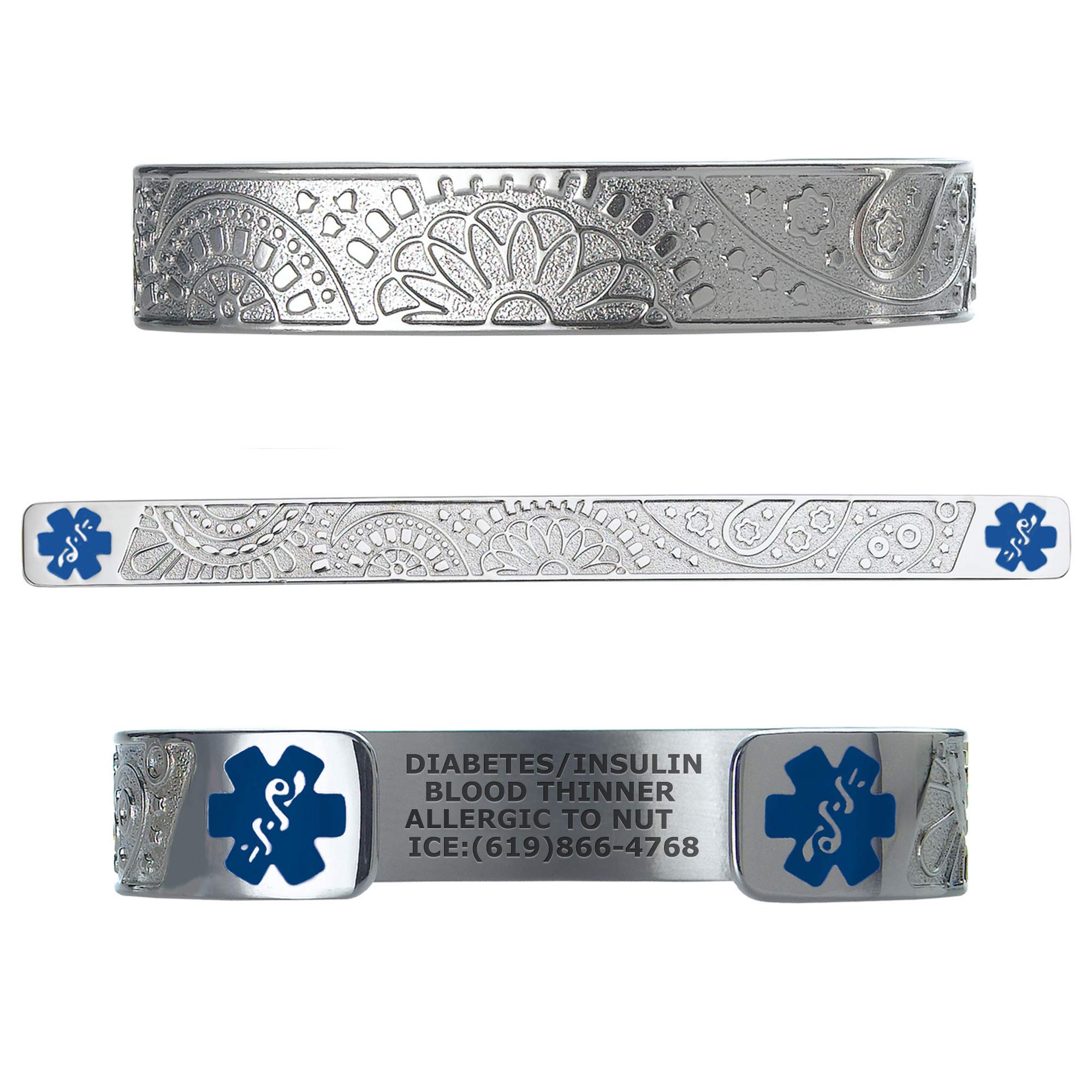 Divoti Custom Engraved Medical Alert Bracelets for Women, Stainless Steel, Medical ID Bracelet w/Free Engraving - Fancy Paisley w/ 6" Cuff (fits 6.5-8.0")-Stainless/Deep Blue